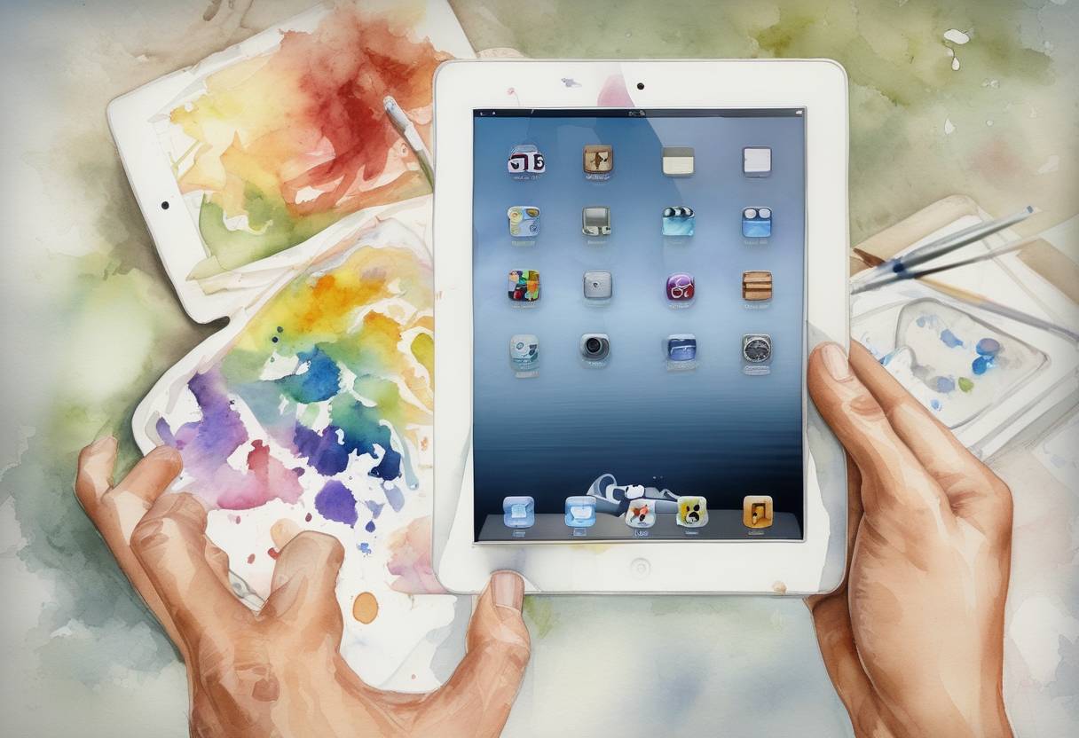 Watercolor painting based depiction of Apple Inc. released the first generation iPad, marking a significant milestone in the development of tablet computing. (2010)