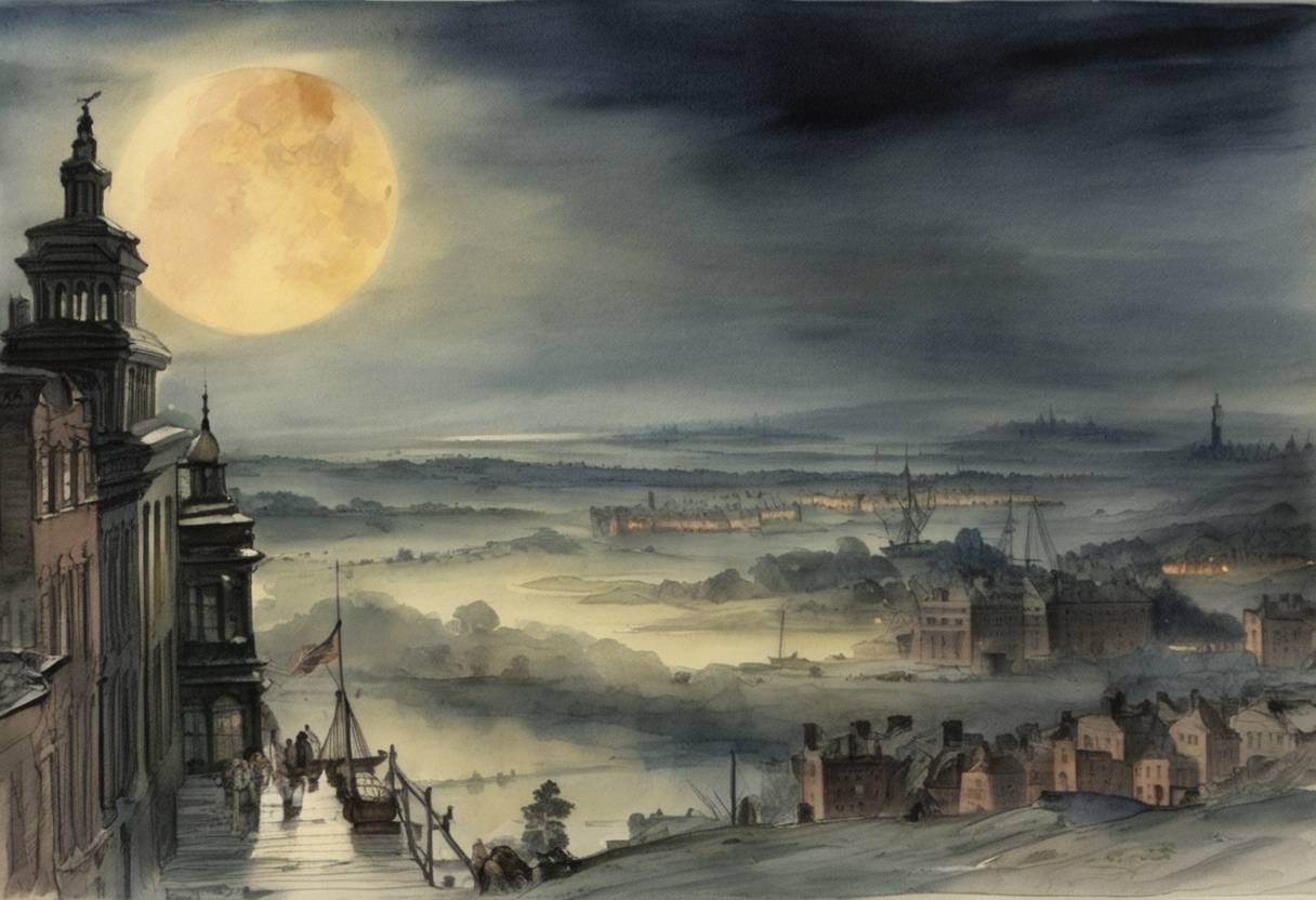 Watercolor painting based depiction of The first part of the Great Moon Hoax was published in the New York Sun. (1835)