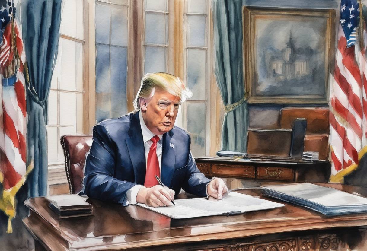 Watercolor painting based depiction of The United States President Donald Trump signed an executive order rolling back various environmental regulations put in place by his predecessor, Barack Obama, particularly those focused on combating climate change. (2017)