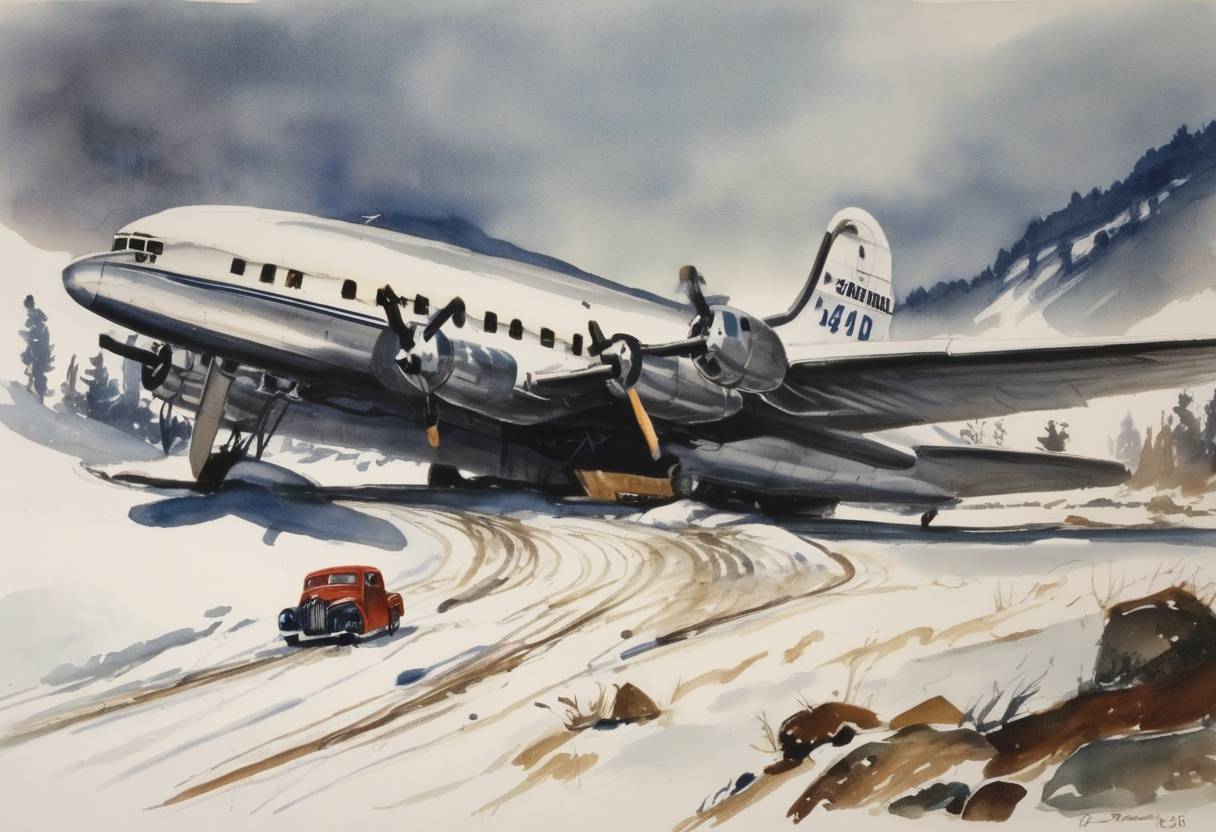 Watercolor painting based depiction of A United Air Lines DC-6 crash-landed in the mountains near Mount Carmel, Pennsylvania, killing 43 of the 49 people on board. (1948)