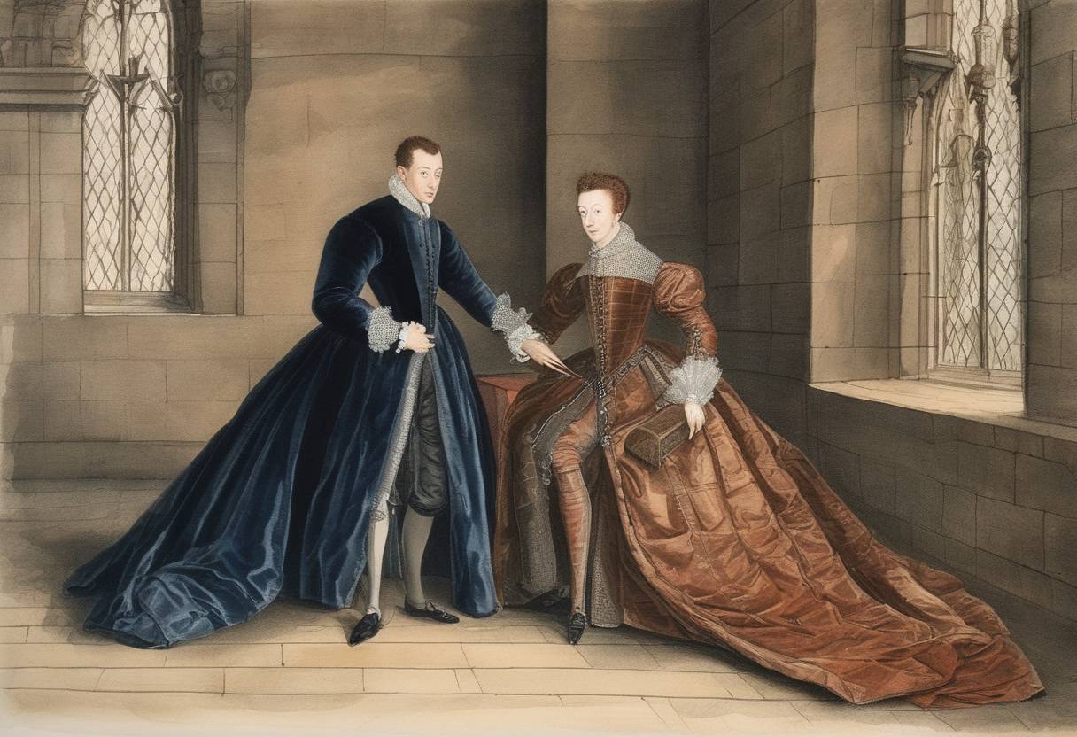 Watercolor painting based depiction of Henry Stuart, Lord Darnley, the second husband of Mary, Queen of Scots, was found murdered at Kirk o' Field in Edinburgh under mysterious circumstances. (1567)