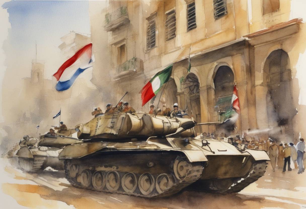 Watercolor painting based depiction of Liberation Day was celebrated for the first time in Lebanon, marking the withdrawal of the Israeli army from the southern region of Lebanon, ending the Israeli occupation since 1982. (2000)