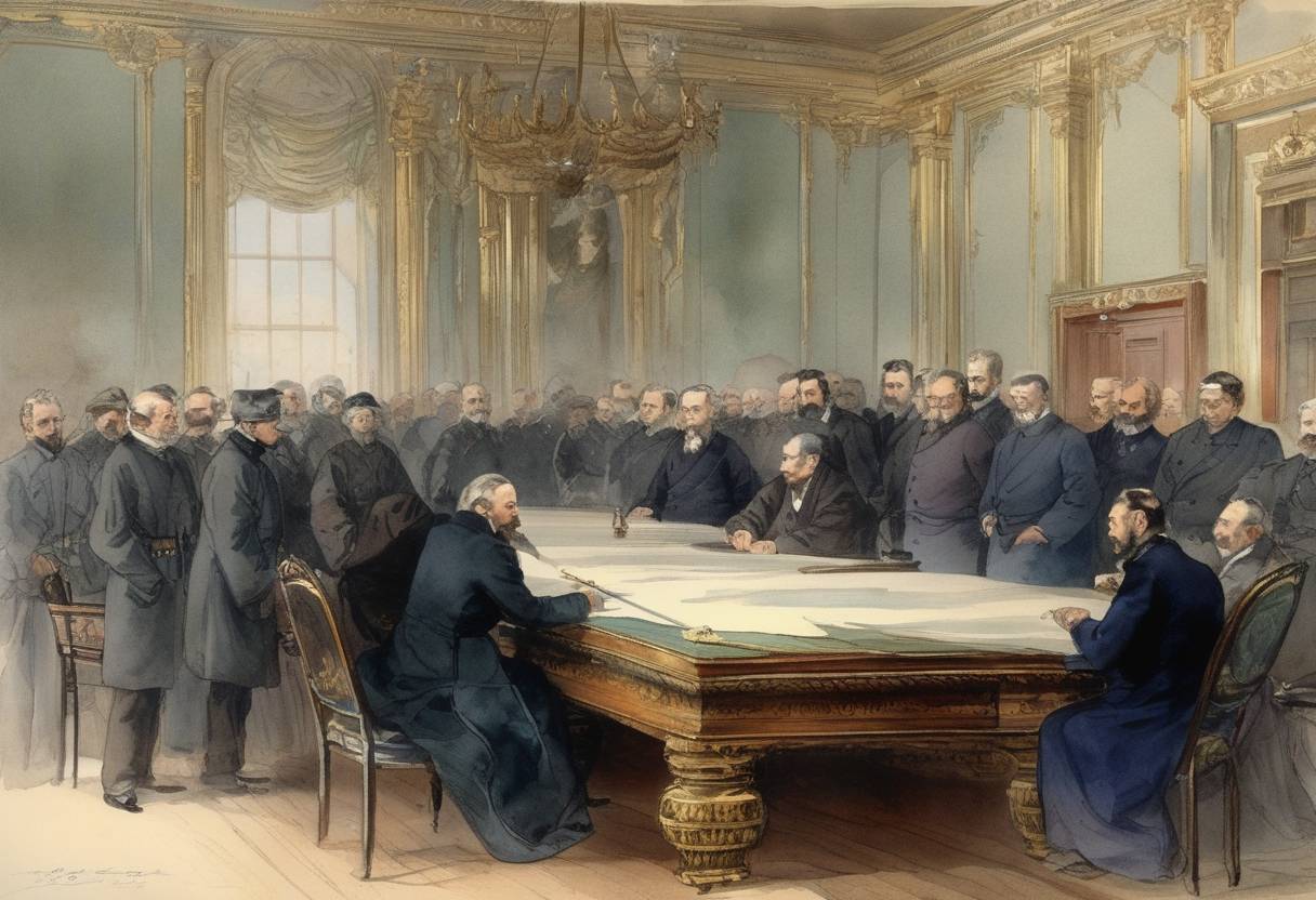 Watercolor painting based depiction of The Treaty of Saint Petersburg was signed between Japan and Russia, under which Japan ceded Sakhalin to Russia in exchange for the Kuril Islands. This was an important diplomatic agreement in establishing territorial boundaries in the region. (1875)