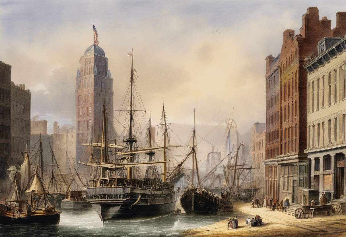 Watercolor painting based depiction of The first use of an elevator in New York City was at the port of New York. It was employed for the loading and unloading of cargo. (1849)