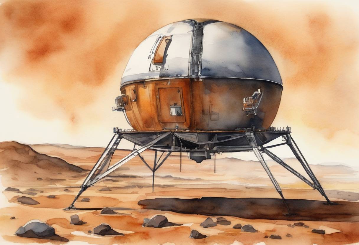 Watercolor painting based depiction of NASA launched the InSight lander to Mars, aimed at studying the planet's interior to better understand its structure and evolution. (2018)