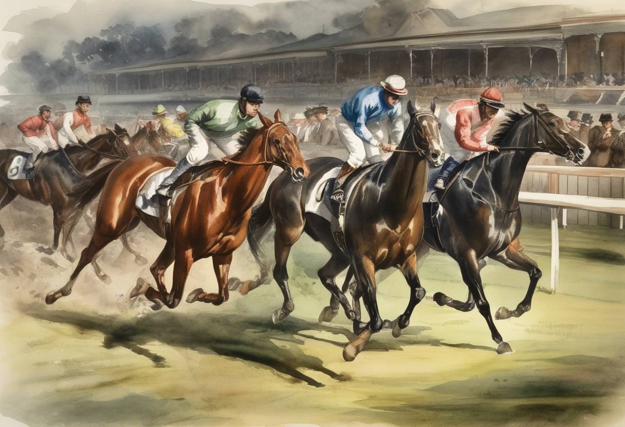 Watercolor painting based depiction of The first recorded commercial horse race meeting was held under the auspices of the Kyneton & Northern Turf Club on Bet Bet Racecourse, one of the earliest examples of organized horse racing in Victoria, Australia. (1874)