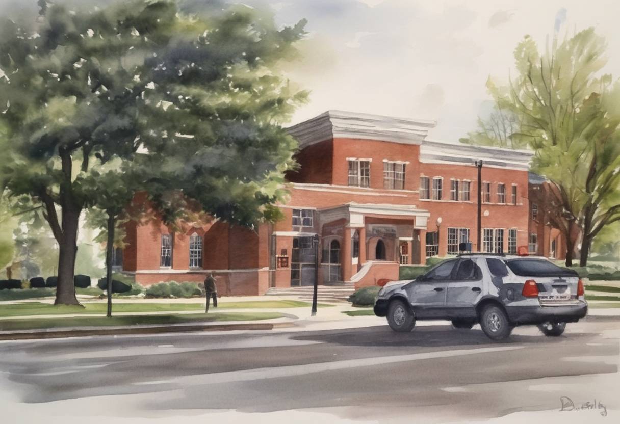 Watercolor painting based depiction of Northern Illinois University shooting occurs, where a gunman opens fire at Cole Hall on the campus of Northern Illinois University in DeKalb, Illinois, resulting in five fatalities and multiple injuries. (2008)