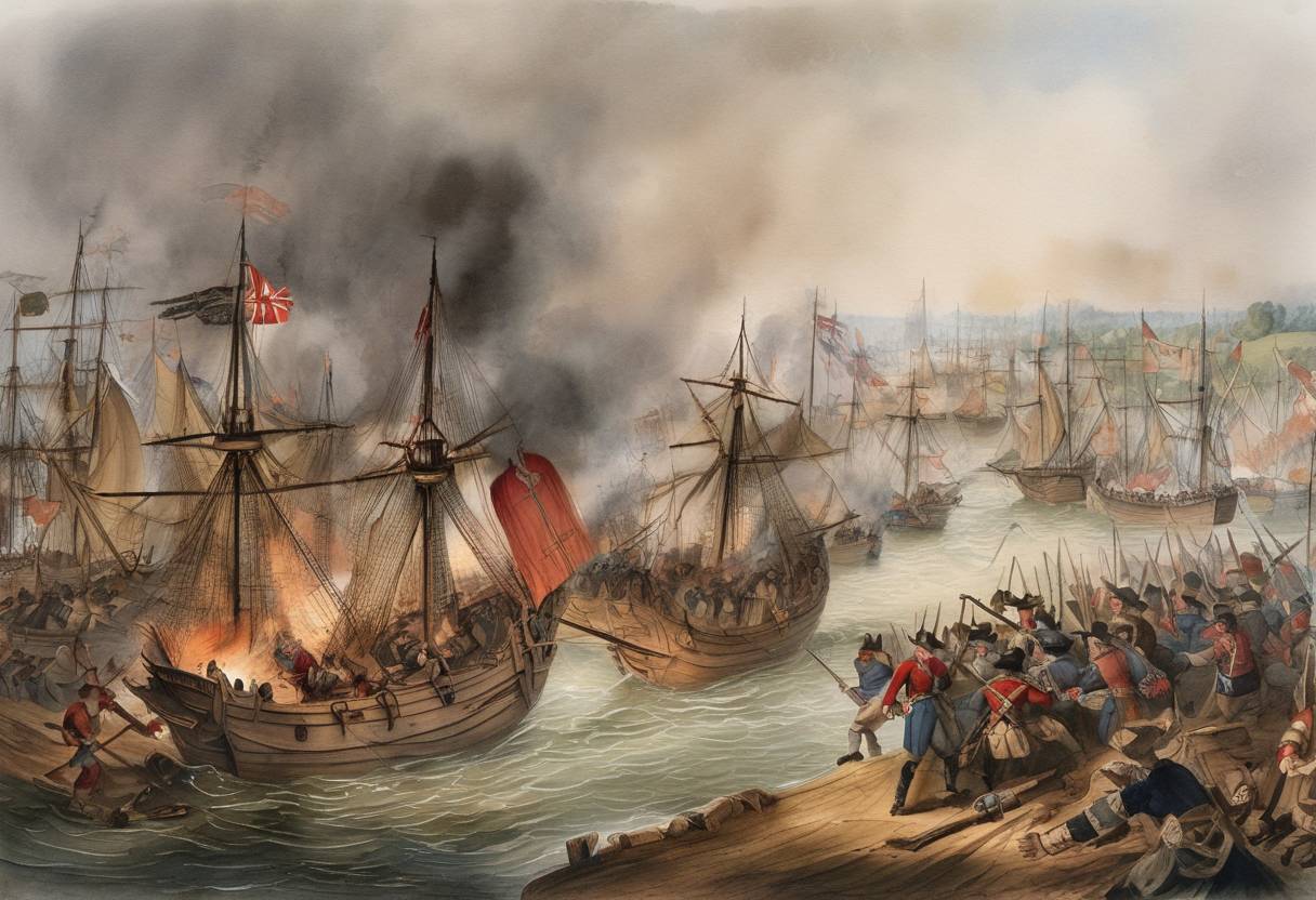 Watercolor painting based depiction of A riot occurs in the English colony of Maryland known as the Battle of the Severn. This was the last armed conflict of England’s colonial era in North America, involving Puritans and Royalists. (1664)