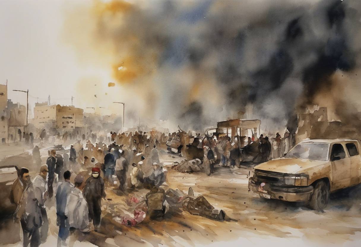 Watercolor painting based depiction of At least 63 people are killed and 160 are injured when a group linked to al-Qaeda sets off a series of bombings in Baghdad. (2008)