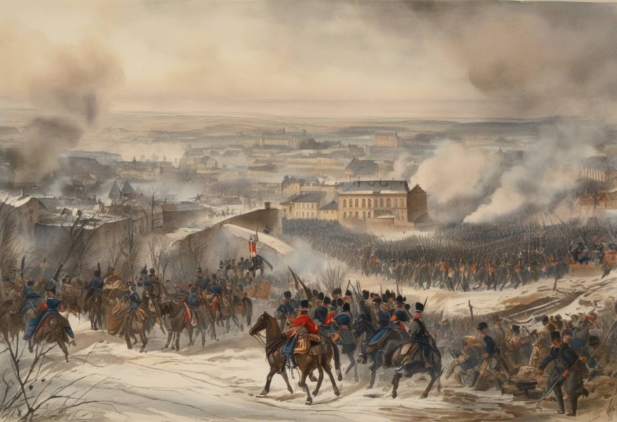 Watercolor painting based depiction of Franco-Prussian War: The siege of Metz ended with the capture of the French garrison by Prussian forces, leading to a significant victory for the Prussian-led German states. (1870)