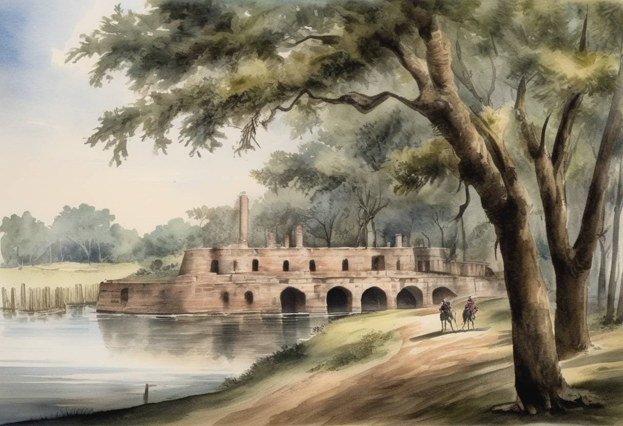 Watercolor painting based depiction of During the American Revolutionary War, the forces of Georgia and South Carolina took the British-controlled fort at Savannah in Georgia. (1776)