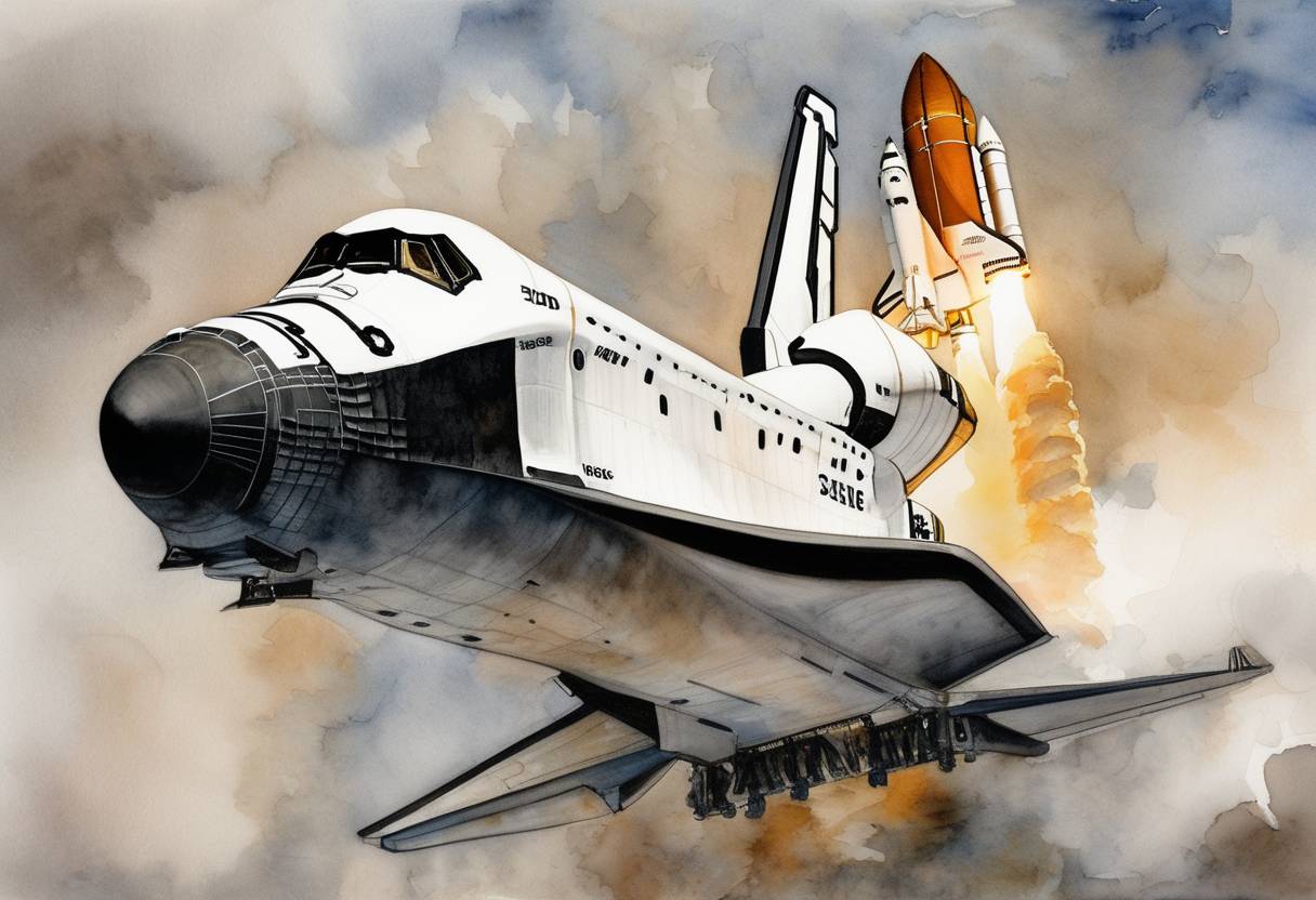 Watercolor painting based depiction of Space Shuttle Discovery was launched on its final mission, STS-133, to the International Space Station. (2011)