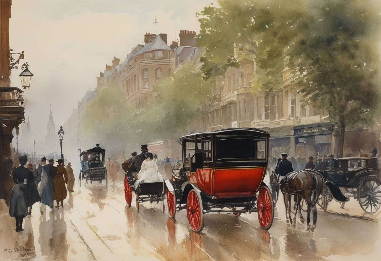 Watercolor painting based depiction of The first pedestrian was killed by a motor vehicle in the UK. Bridget Driscoll was struck by a car in Crystal Palace, London, an incident that emphasized the need for automobile safety awareness. (1896)