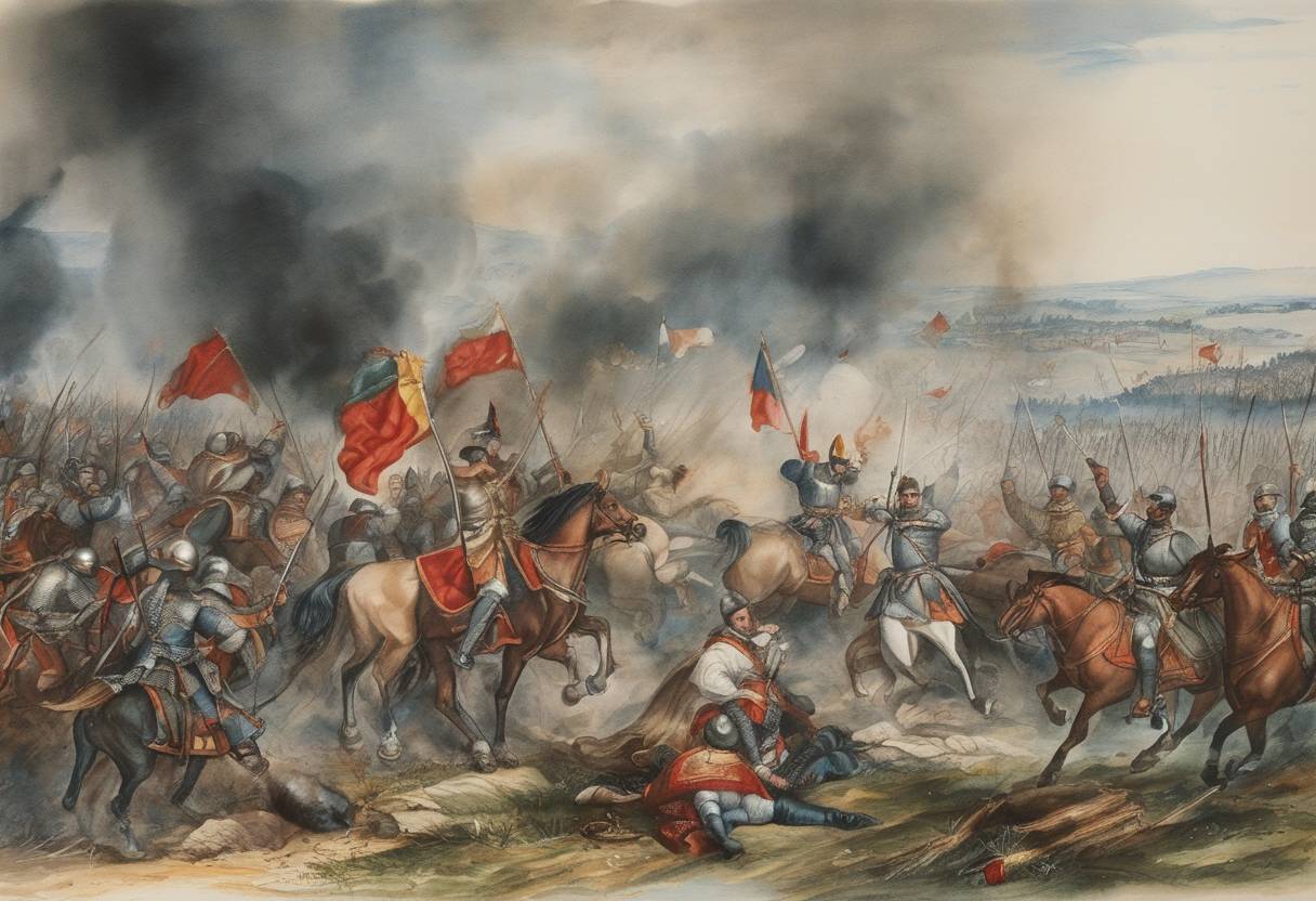 Watercolor painting based depiction of Spanish forces, led by the Duke of Alba, defeat the French at the Battle of St. Quentin during the Italian War of 1551-1559. (1557)