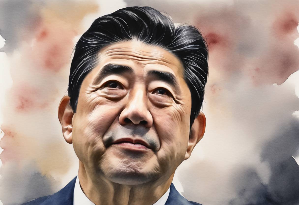 Watercolor painting based depiction of Former Japanese Prime Minister Shinzo Abe was assassinated while giving a campaign speech in Nara, Japan. The attack shocked the nation and the world, leading to widespread mourning and discussions on gun policies in Japan, which has one of the world's lowest incidences of gun violence. (2021)