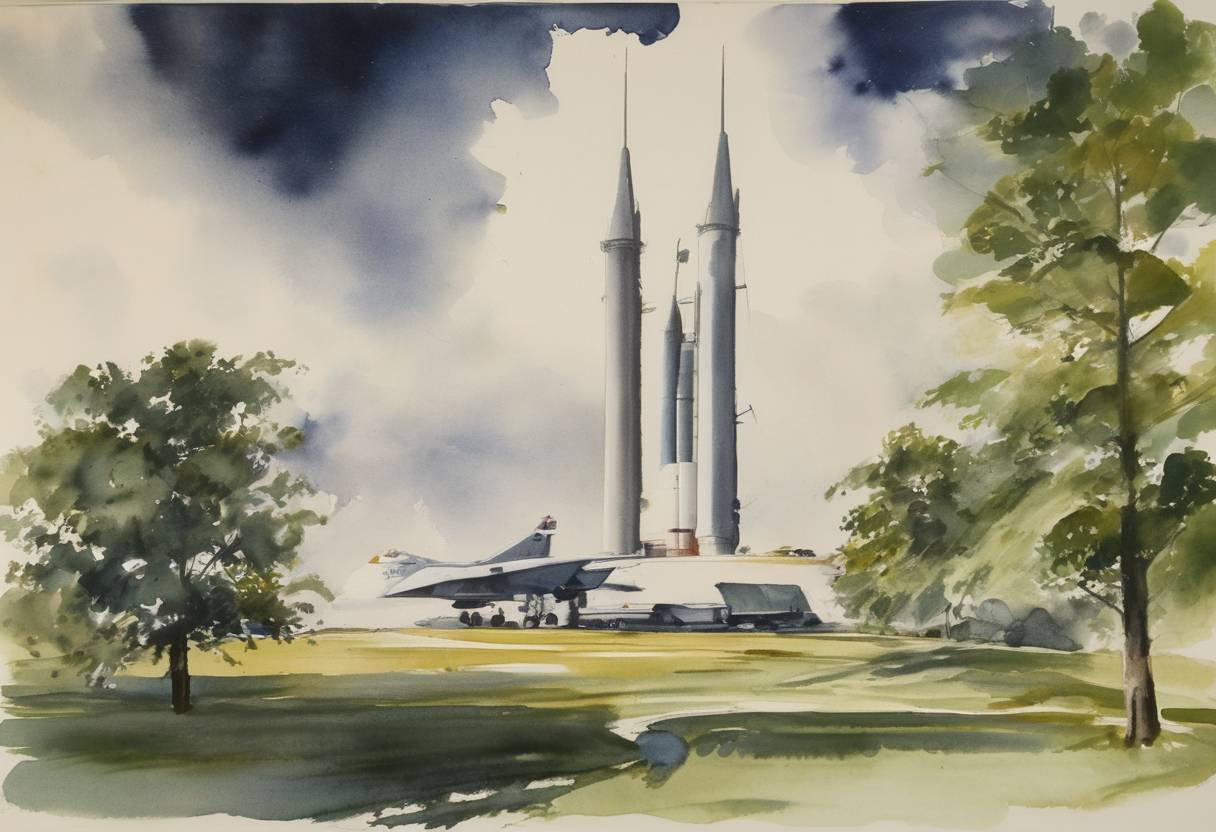 Watercolor painting based depiction of The United States and Canada signed the North American Air Defense Command (NORAD) Agreement. (1958)