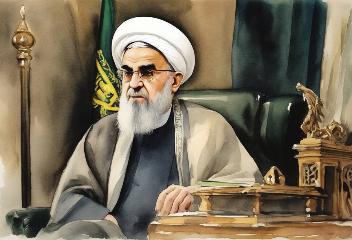 Watercolor painting based depiction of Ayatollah Khomeini takes over administration of Iran, consolidating power after the Iranian Revolution. (1979)