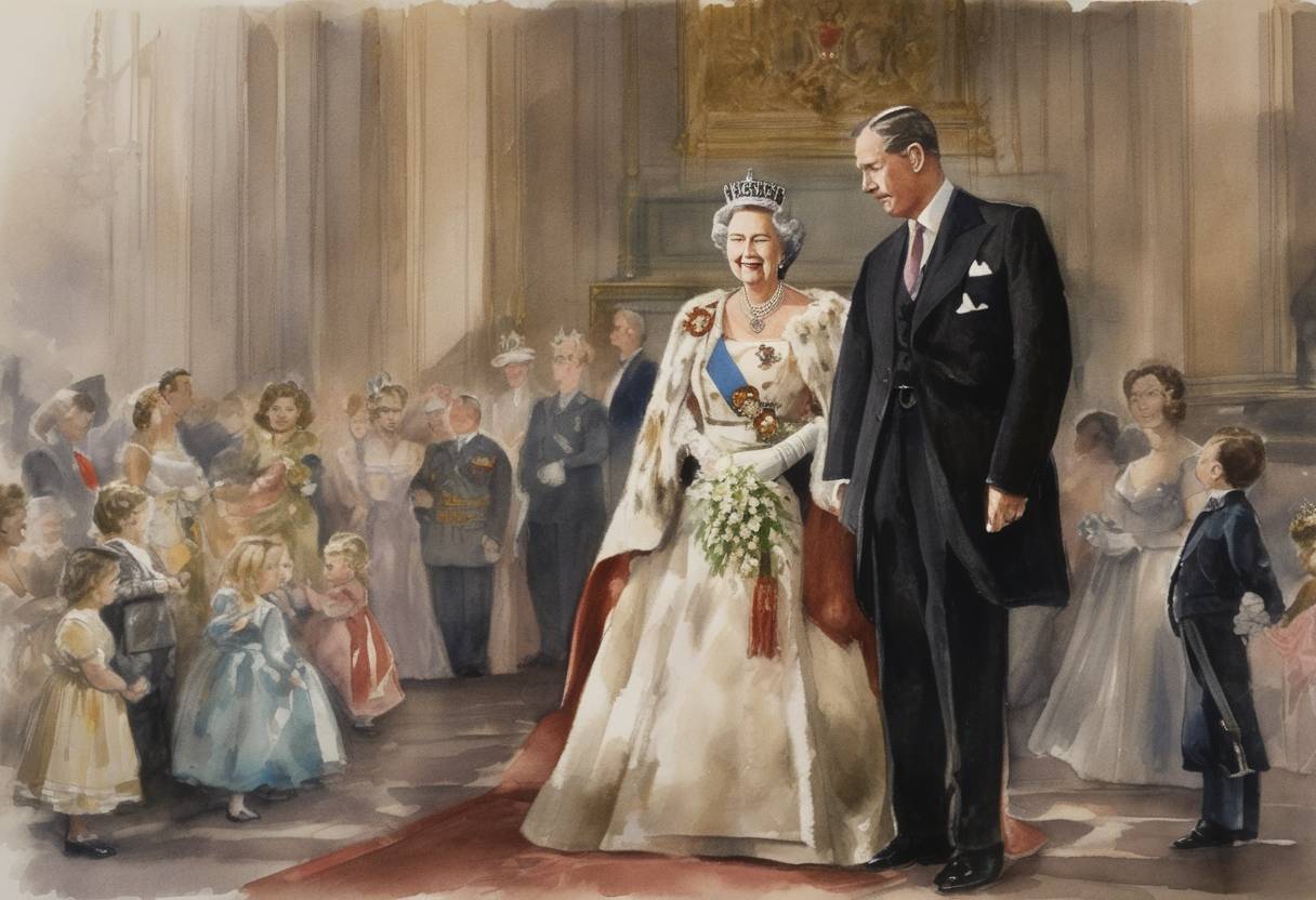Watercolor painting based depiction of Elizabeth II becomes Queen of the United Kingdom and other Commonwealth realms after the death of her father, King George VI, marking the beginning of her long reign. (1952)