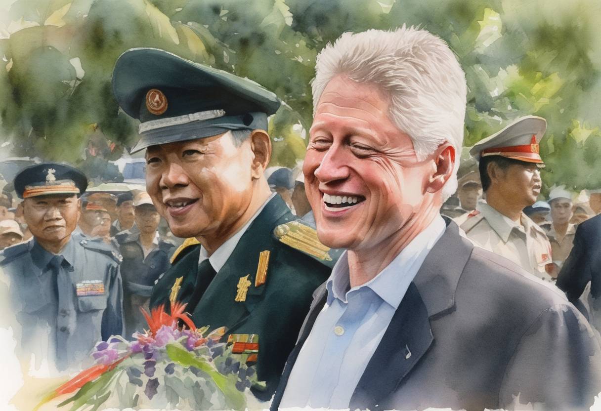 Watercolor painting based depiction of Bill Clinton became the first U.S. President to visit Vietnam since the end of the Vietnam War. (2000)