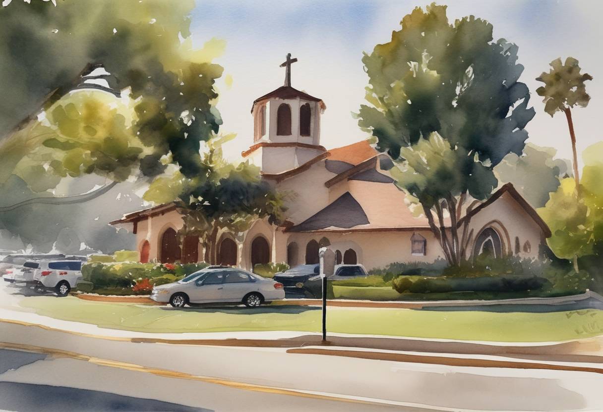Watercolor painting based depiction of A mass shooting occurred at the Irvine Taiwanese Presbyterian Church in Laguna Woods, California during a luncheon, resulting in one death and several injuries. (2022)