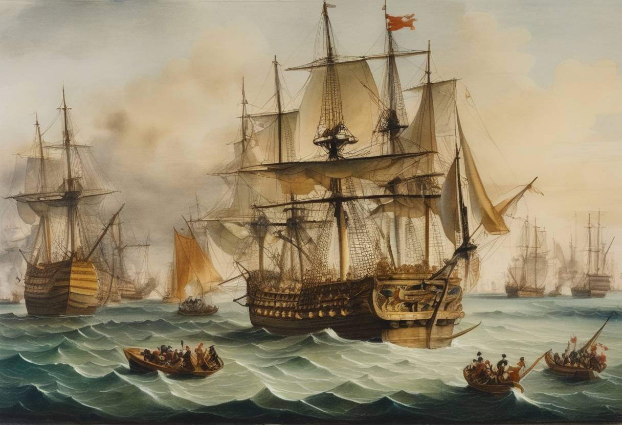 Watercolor painting based depiction of The battle of Lagos occurs during the Seven Years' War, where the British fleet under Admiral Boscawen defeats a French fleet off the coast of Portugal. (1759)