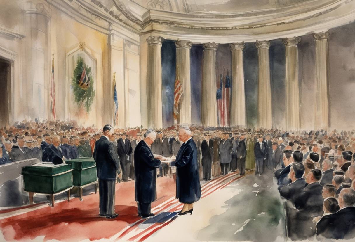 Watercolor painting based depiction of Harry S. Truman is inaugurated as President of the United States, beginning his first full term after succeeding Roosevelt following his death in 1945. (1949)