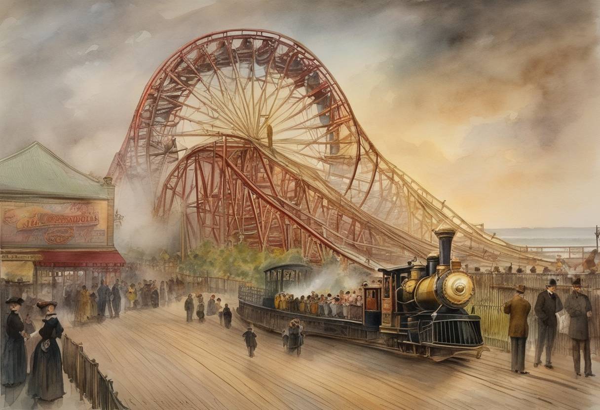 Watercolor painting based depiction of The start of the Coney Island Cyclone roller coaster's long run opens with much anticipation and excitement. (1897)