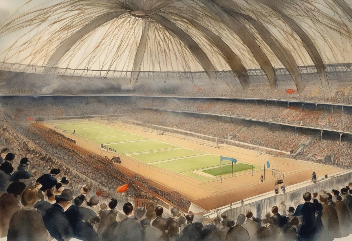 Watercolor painting based depiction of The fourth modern Olympic Games opened in London, United Kingdom. Originally scheduled to be held in Rome, Italy, the games were relocated due to financial difficulties and the eruption of Mount Vesuvius in 1906. (1908)