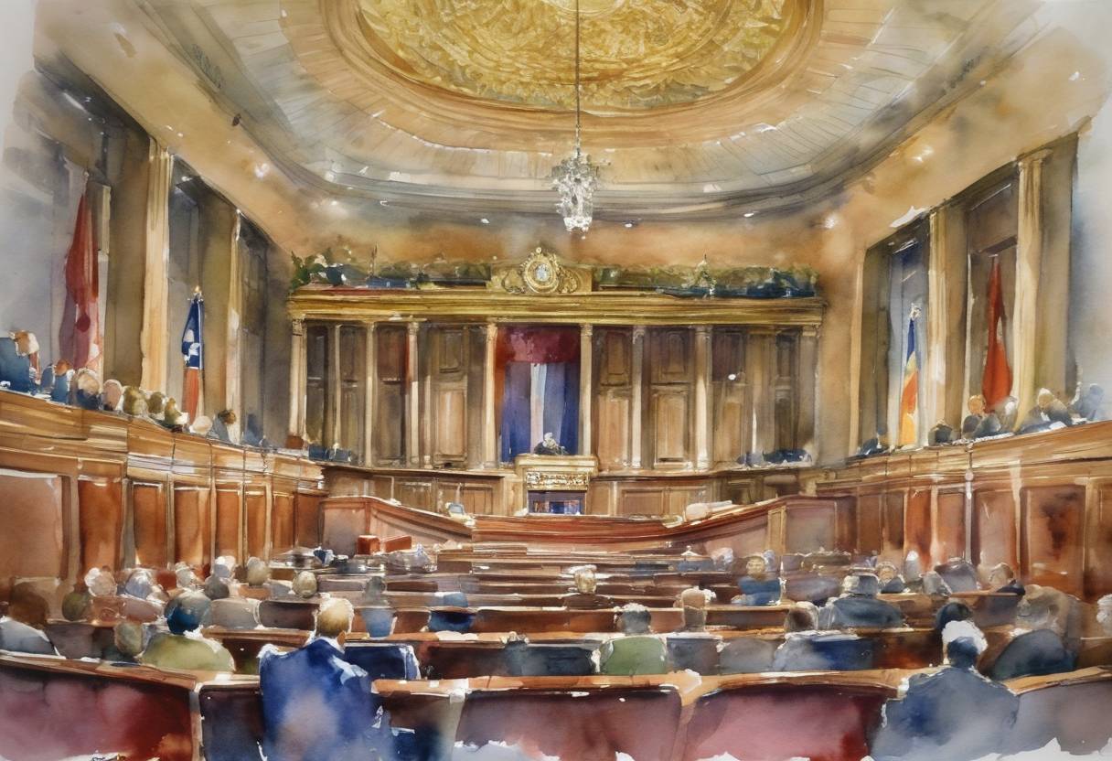 Watercolor painting based depiction of The Federal Republic of Yugoslavia's National Assembly adopts the constitution of the newly formed Republic of Serbia following the dissolution of the State Union of Serbia and Montenegro. (2006)