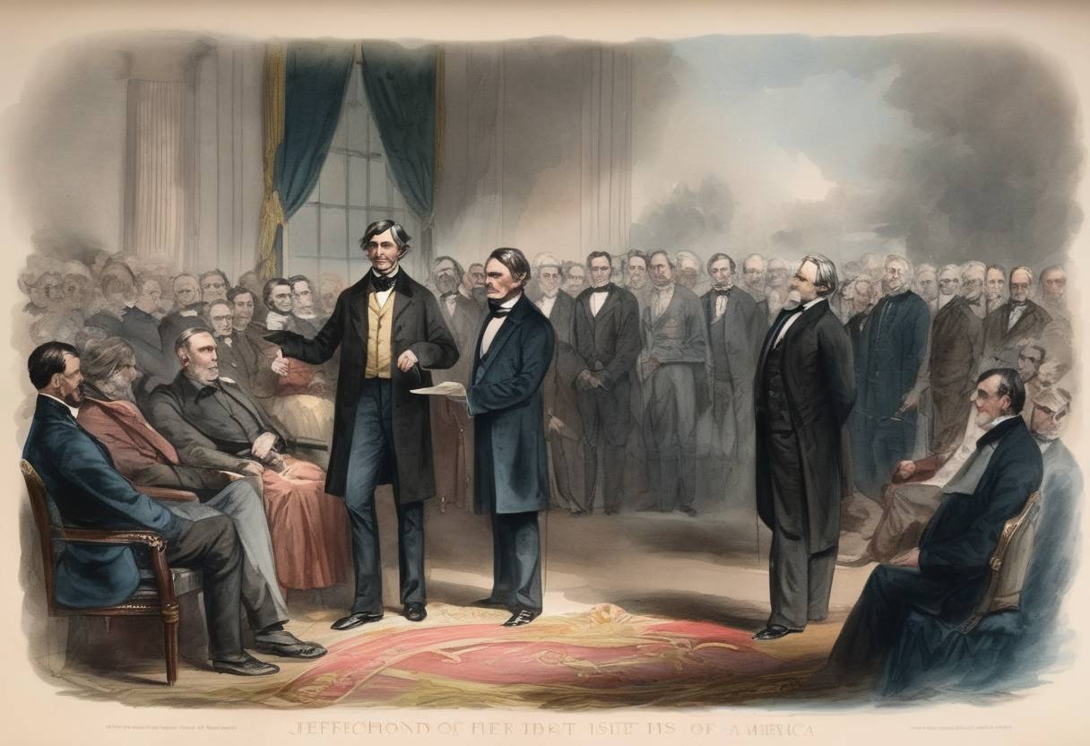 Watercolor painting based depiction of Jefferson Davis is inaugurated as the first and only President of the Confederate States of America in Richmond, Virginia. (1862)