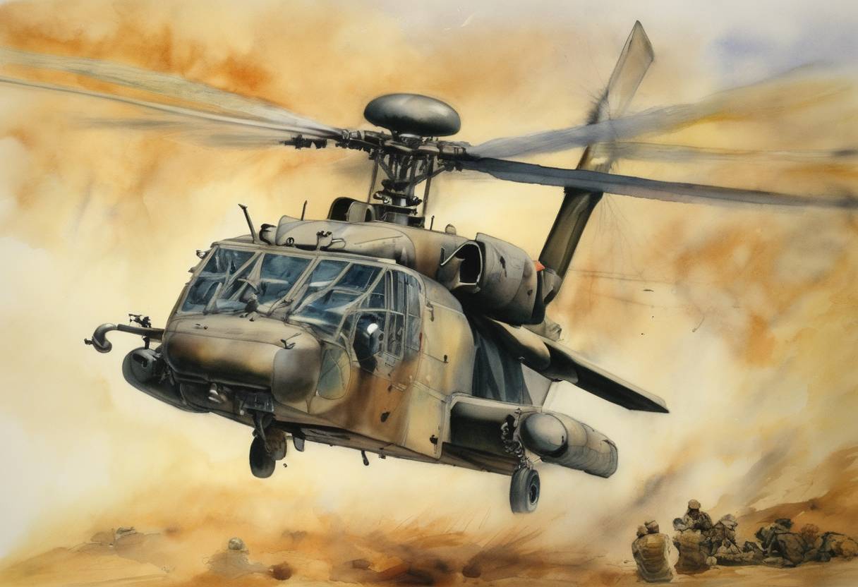 Watercolor painting based depiction of The United States Department of Defense announces that it has lost contact with an unmanned aerial vehicle conducting operations over Iraq. This event underscores the challenges faced by military technology in combat zones. (2003)