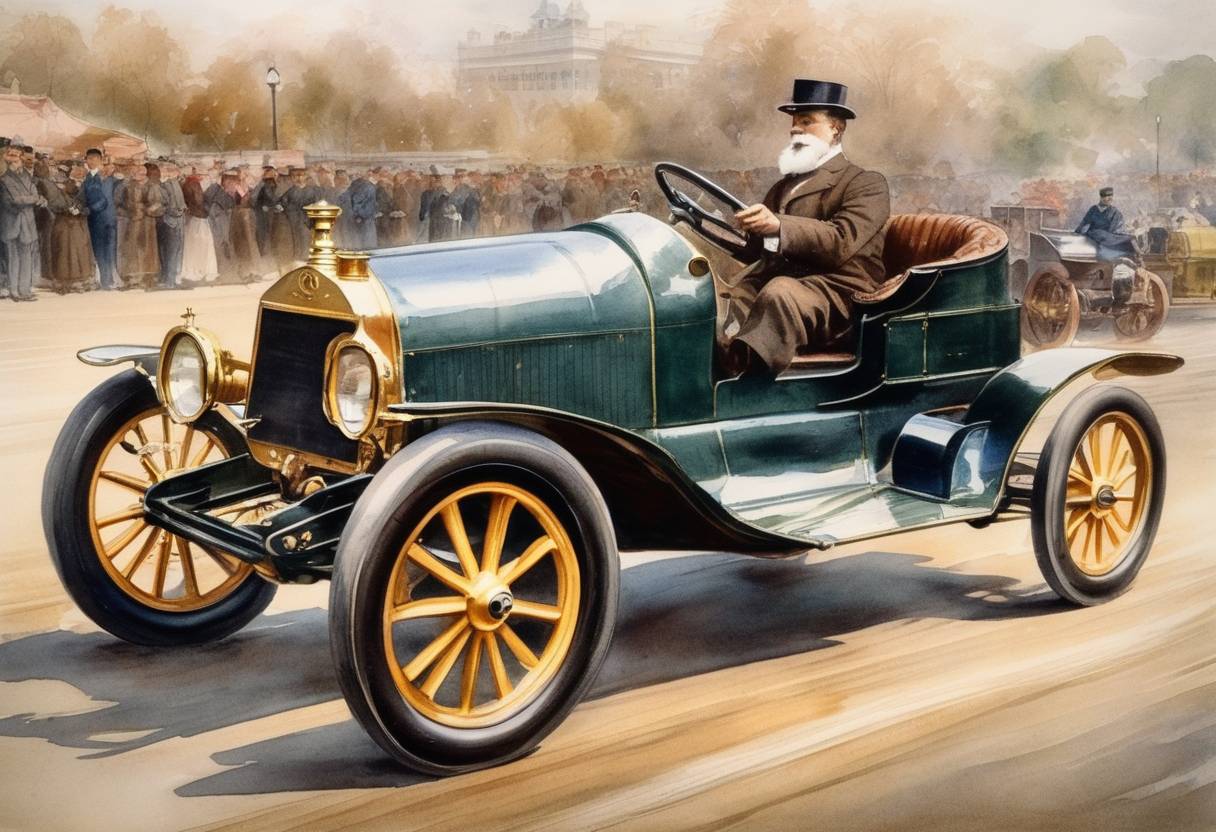 Watercolor painting based depiction of The first Formula One automobile race held at the Race Course at Thanksgiving Day in South Providence, Rhode Island. (1896)