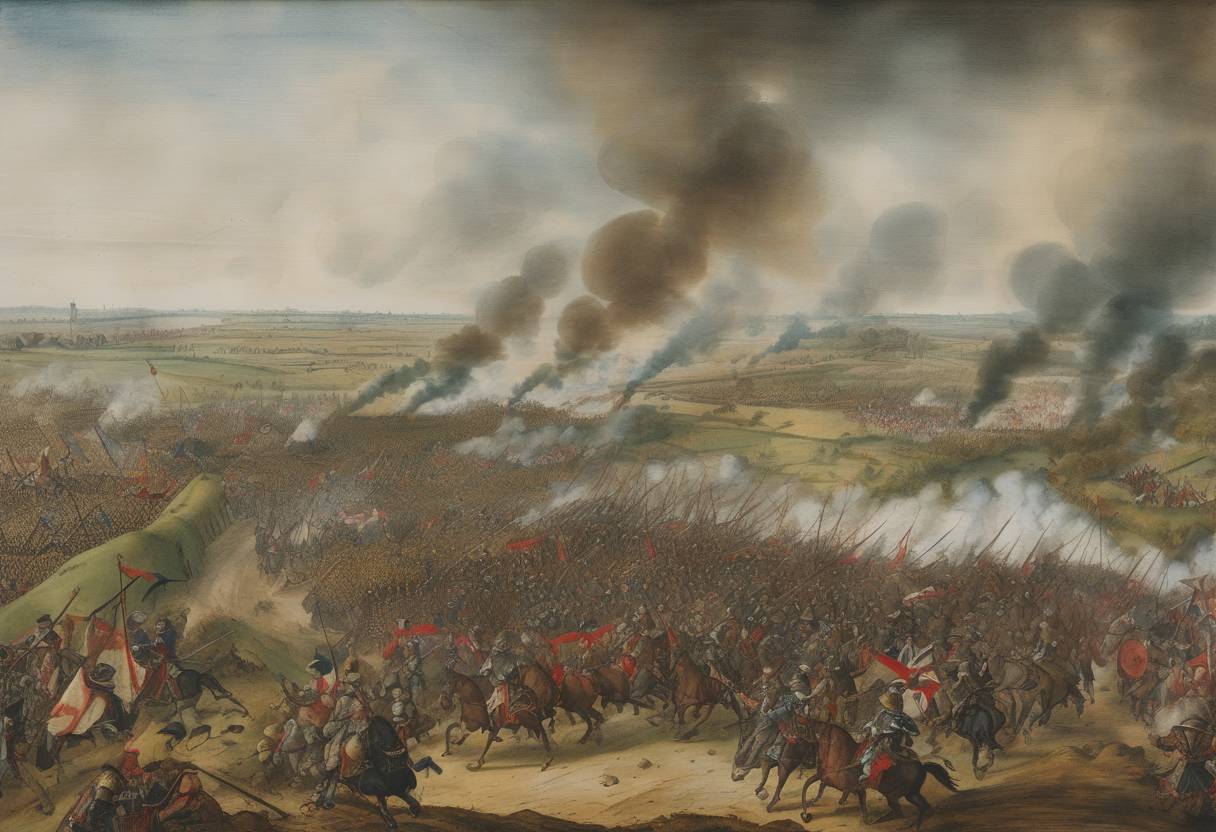 Watercolor painting based depiction of The Battle of Oosterweel took place, marking the beginning of the Eighty Years' War. The Protestant forces, led by Flemish rebels, clashed with Spanish troops, resulting in a Spanish victory. (1567)