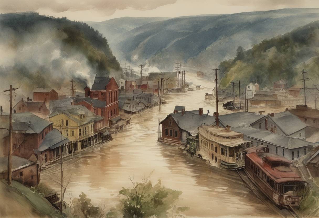 Watercolor painting based depiction of West Virginia experienced one of its most damaging floods of the 20th century, distinctly remembered for its impact on the state. (1911)
