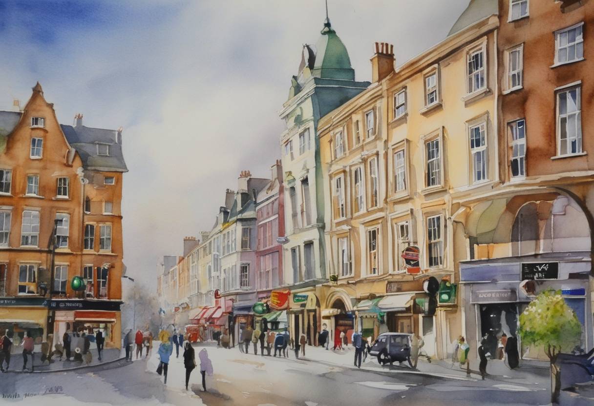 Watercolor painting based depiction of The Irish government formally requested financial aid from the European Union and the International Monetary Fund due to a banking crisis and severe economic issues within the country, leading to a bailout agreement. (2010)