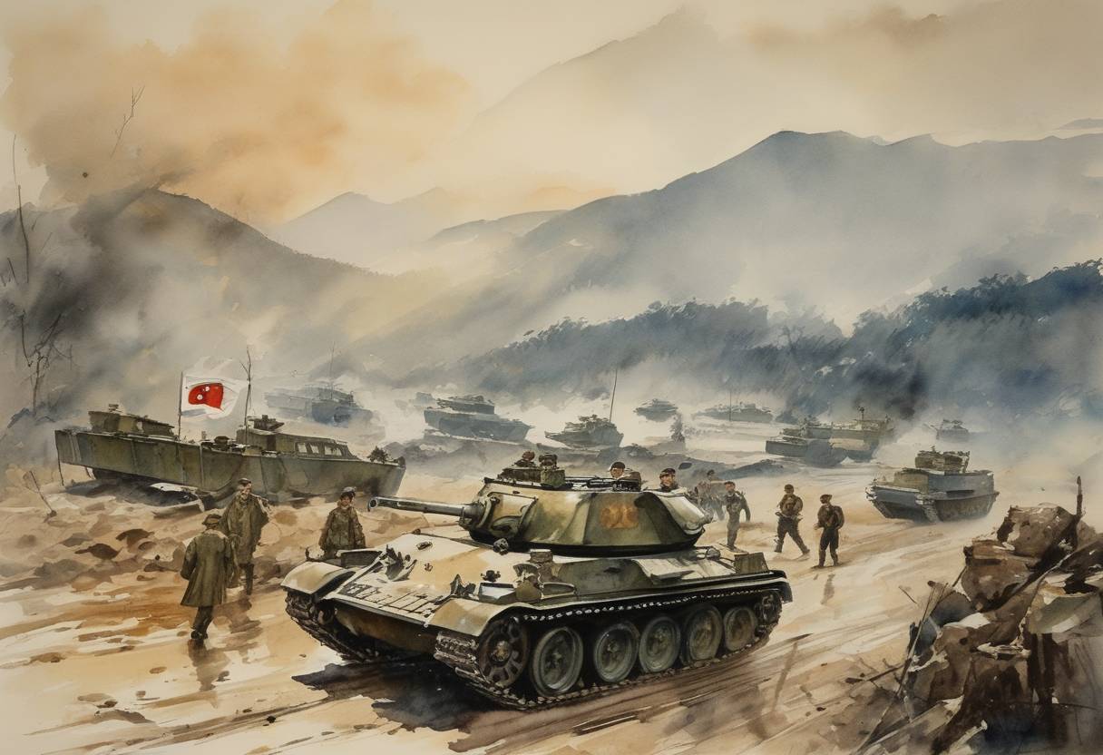 Watercolor painting based depiction of The United Nations Command issues Operation Ripper's operational plan, a military operation targeted against North Korean and Chinese forces during the Korean War. (1951)