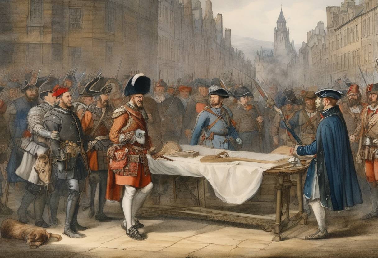Watercolor painting based depiction of The Treaty of Edinburgh is signed between England, France, and Scotland, agreeing to remove French and English troops from Scotland. (1560)