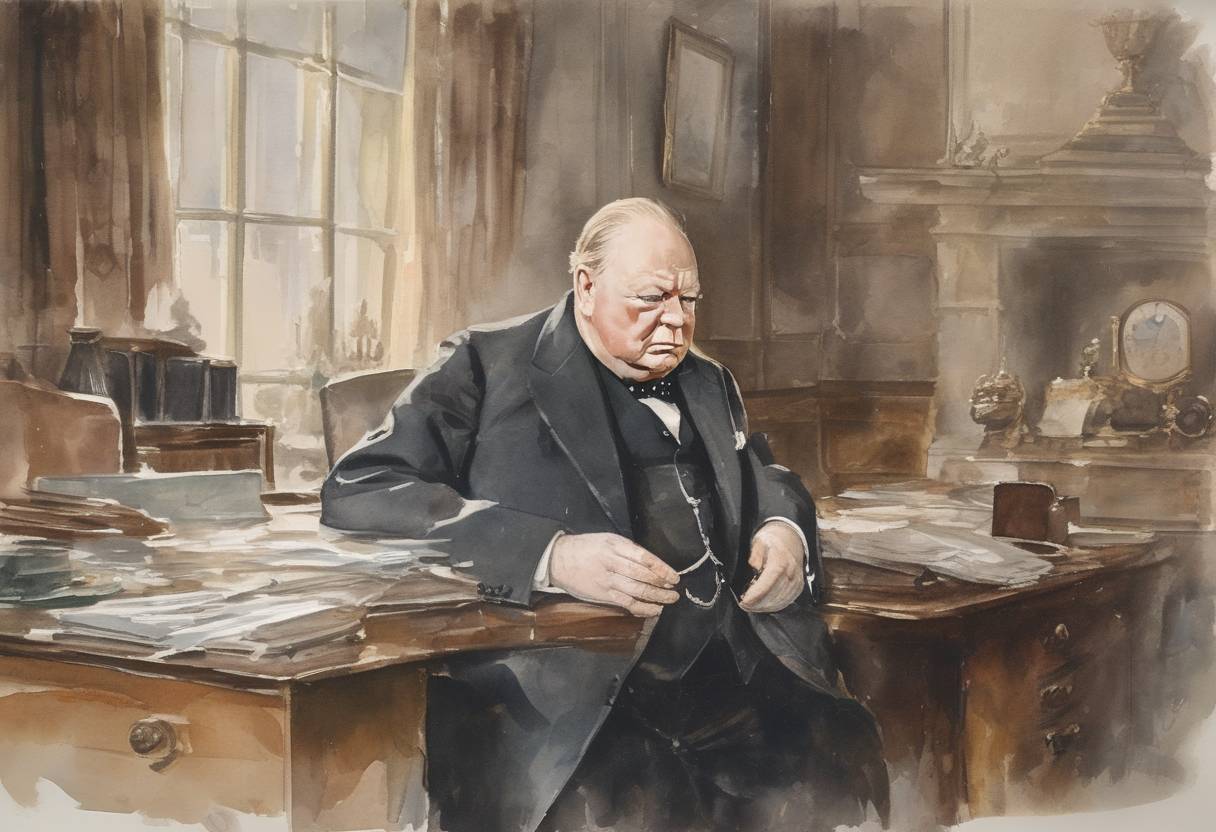 Watercolor painting based depiction of Winston Churchill resigned as Prime Minister of the United Kingdom due to ill health, marking the end of his political career. (1955)
