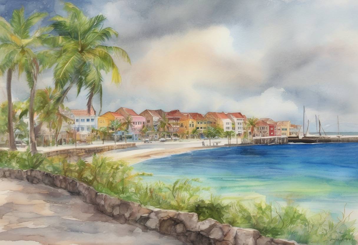 Watercolor painting based depiction of The Netherlands Antilles is dissolved as a country within the Kingdom of the Netherlands, resulting in Curaçao and Sint Maarten becoming constituent countries, while Bonaire, Sint Eustatius, and Saba become special municipalities of the Netherlands. (2010)