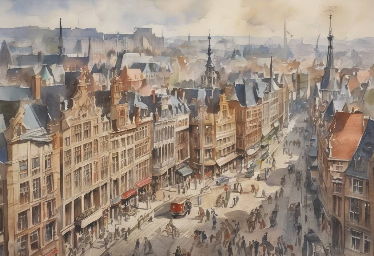 Watercolor painting based depiction of The Benelux Economic Union was established, a precursor to the European Union, promoting economic cooperation between Belgium, the Netherlands, and Luxembourg. (1948)