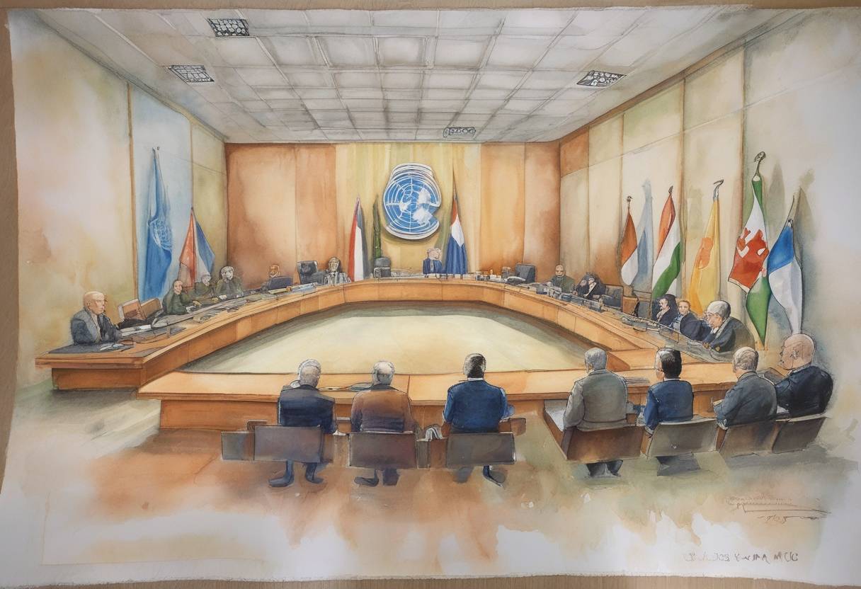 Watercolor painting based depiction of The United Nations International Criminal Tribunal for the former Yugoslavia (ICTY) indicts Slobodan Milošević and four others for crimes against humanity and war crimes committed in Croatia in 1991-1992. (2001)