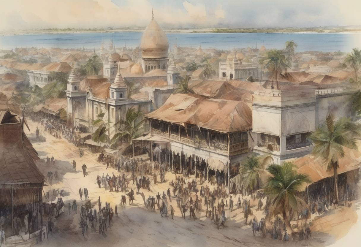 Watercolor painting based depiction of The Anglo-Zanzibar War, the shortest war in history, took place between the United Kingdom and the Sultanate of Zanzibar. The conflict lasted between 38 and 45 minutes, resulting in a British victory and the installation of a pro-British Sultan. (1896)