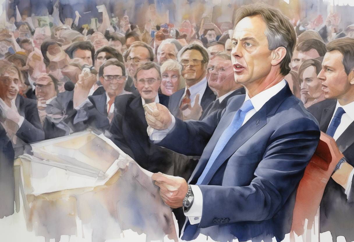 Watercolor painting based depiction of Tony Blair became Prime Minister of the United Kingdom after the Labour Party won a landslide victory in the general election, ending 18 years of Conservative government. (1997)