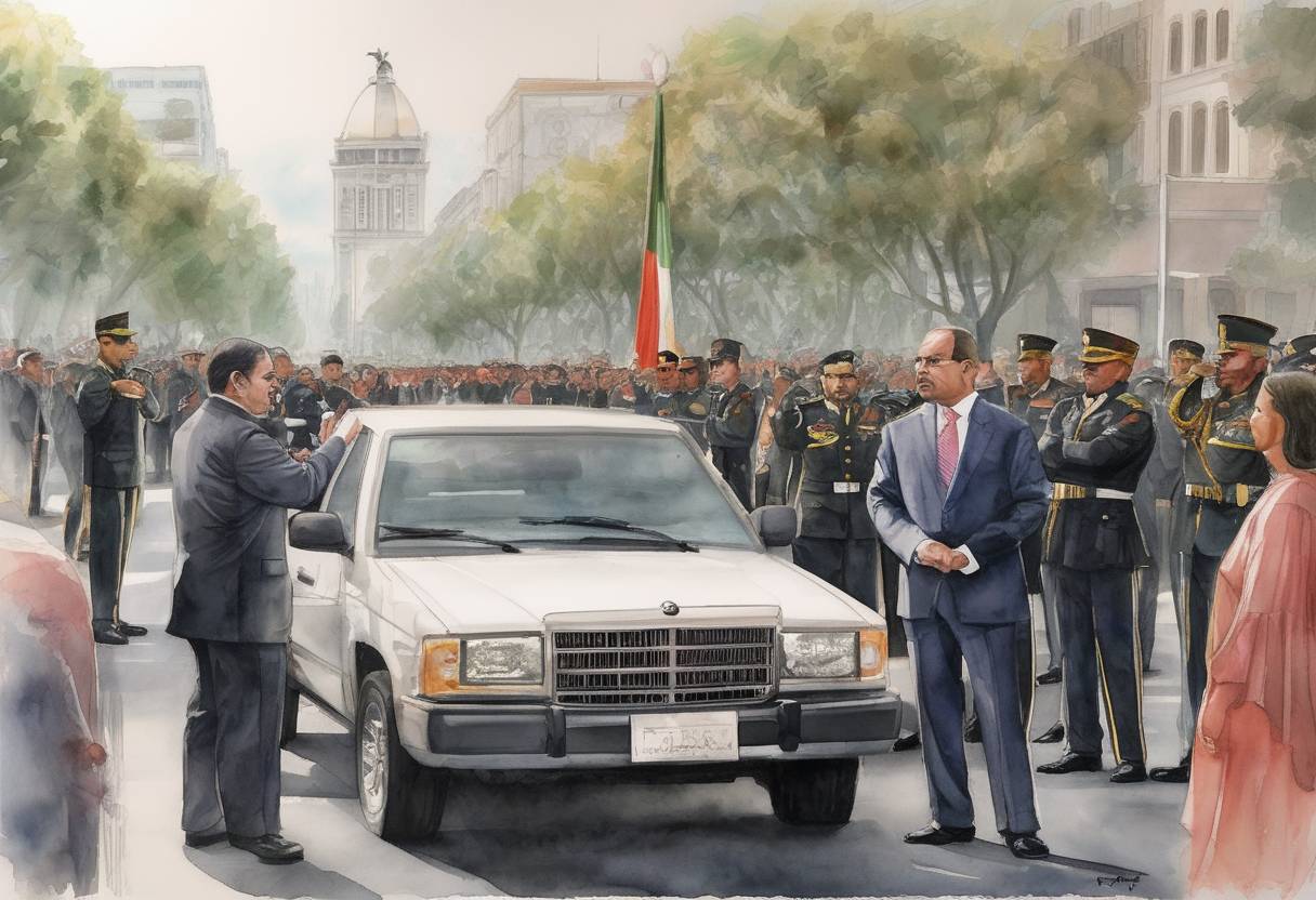 Watercolor painting based depiction of Felipe Calderón was inaugurated as President of Mexico. His presidency was marked by a significant escalation in the Mexican Drug War, as he deployed federal troops to combat drug cartels. (2006)