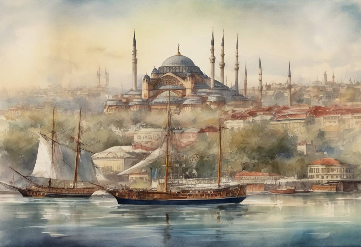 Watercolor painting based depiction of The Sultan of the Ottoman Empire, Abdul Hamid II, was deposed and succeeded by his brother Mehmed V. (1909)