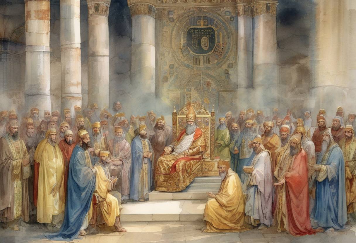 Watercolor painting based depiction of Byzantine Emperor Basiliscus issued a circular letter (Enkyklikon) to the bishops of his empire, supporting the Monophysite doctrine, which led to significant religious controversy. (475)