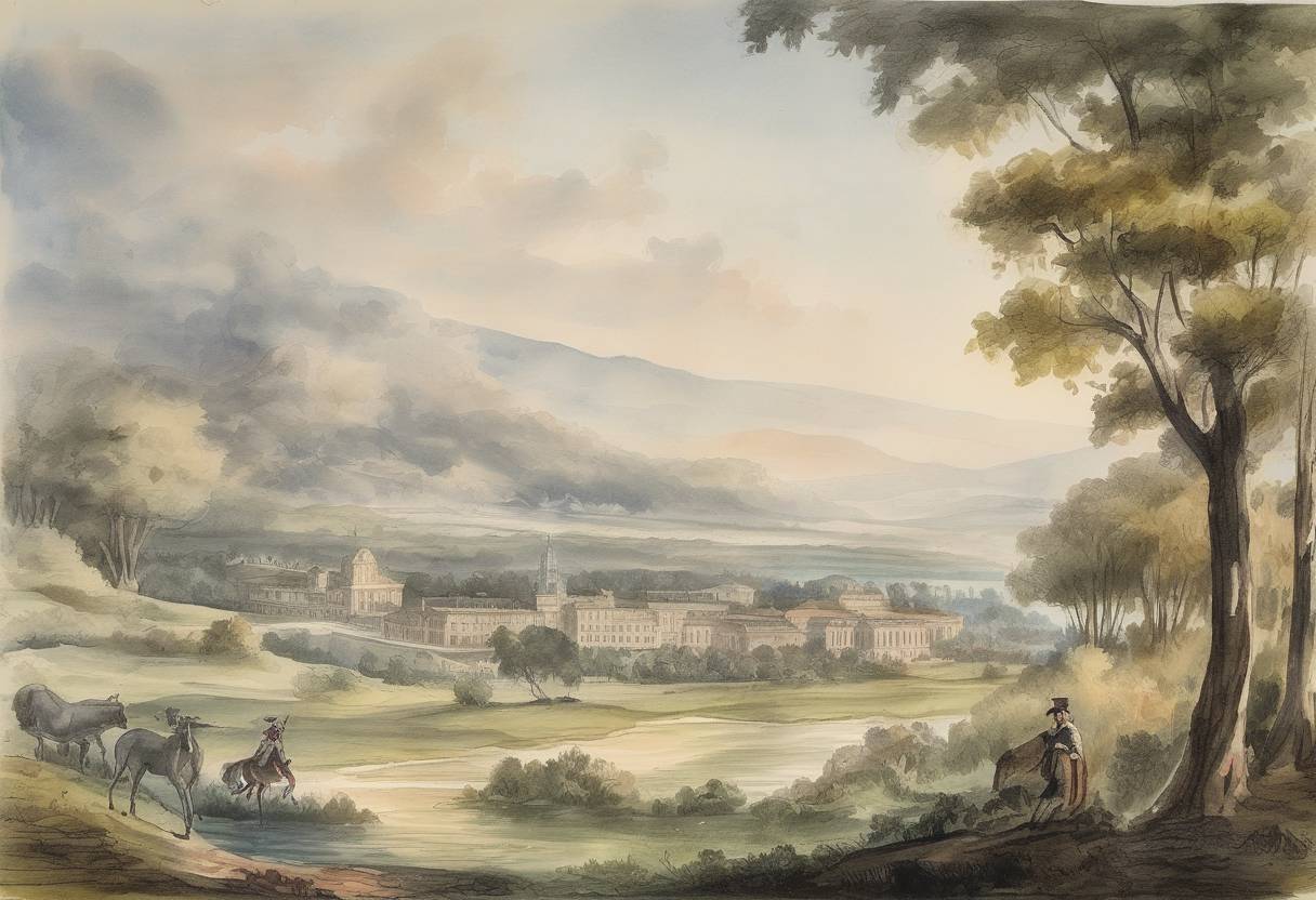 Watercolor painting based depiction of Spain ceded Louisiana to France in the secret Treaty of San Ildefonso, which would later lead to the Louisiana Purchase by the United States. (1800)