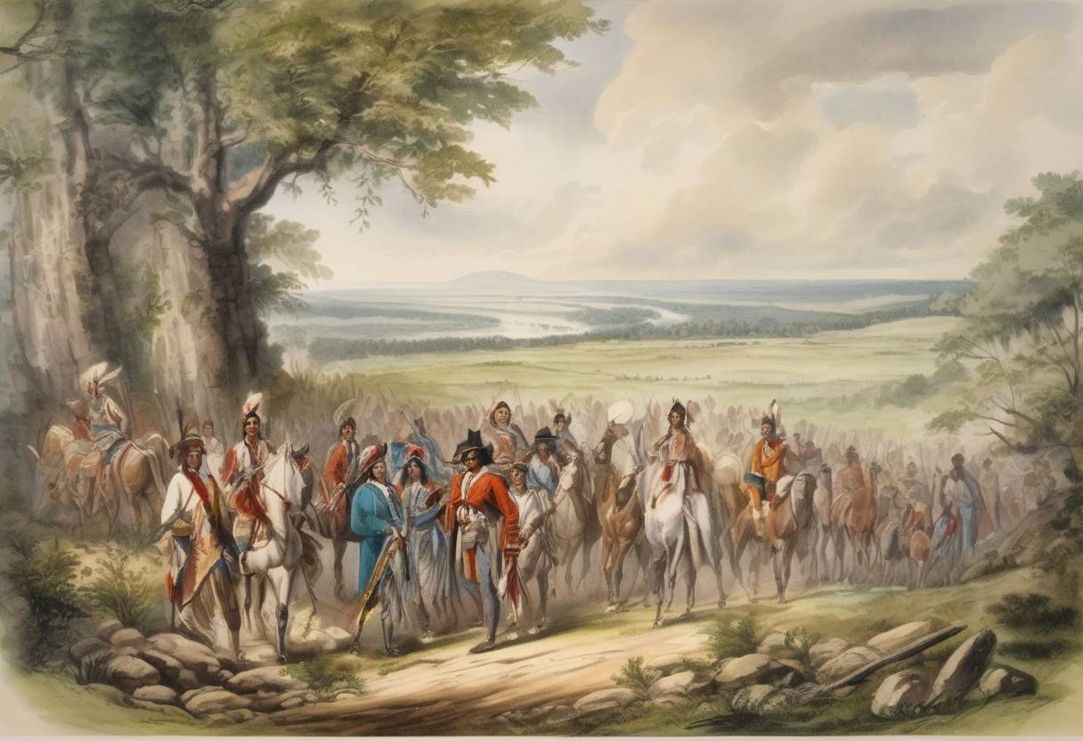 Watercolor painting based depiction of The U.S. Congress approves Indian Territory (present-day Oklahoma), clearing the way for the forced relocation of the Eastern Indian tribes via the Trail of Tears. (1825)