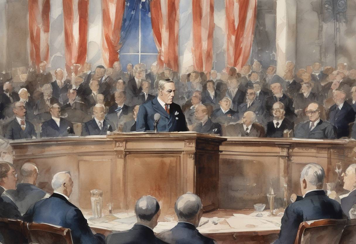 Watercolor painting based depiction of U.S. President Woodrow Wilson delivered his Fourteen Points speech, outlining his vision for a post-World War I world that included the establishment of the League of Nations. (1918)