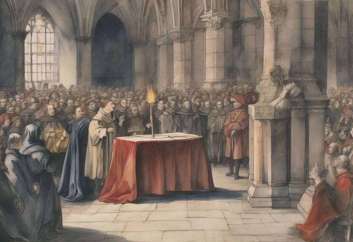 Watercolor painting based depiction of Martin Luther publicly burned the papal bull Exsurge Domine, which threatened him with excommunication unless he recanted his views. This act was a significant moment in the Protestant Reformation. (1520)